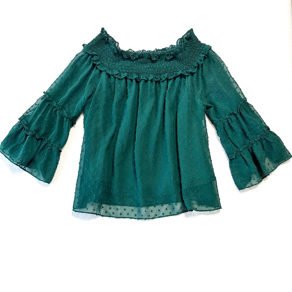 Entro Women’s Green Off the Shoulder Swiss Dot Blouse Size Large NWT
